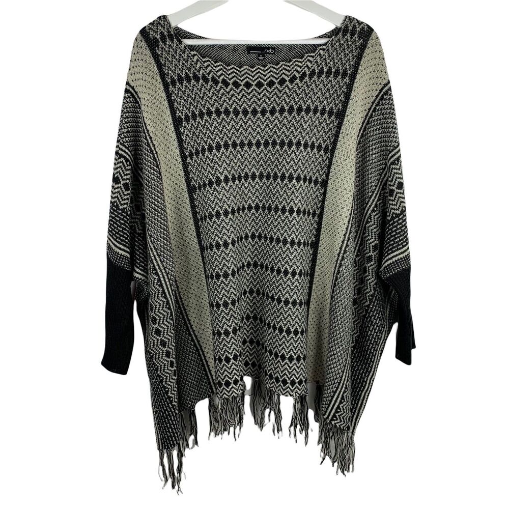 RXB Size‎ M Poncho Sweater Boat Neck Black Beige Tribal Aztec Print Knit Women’s